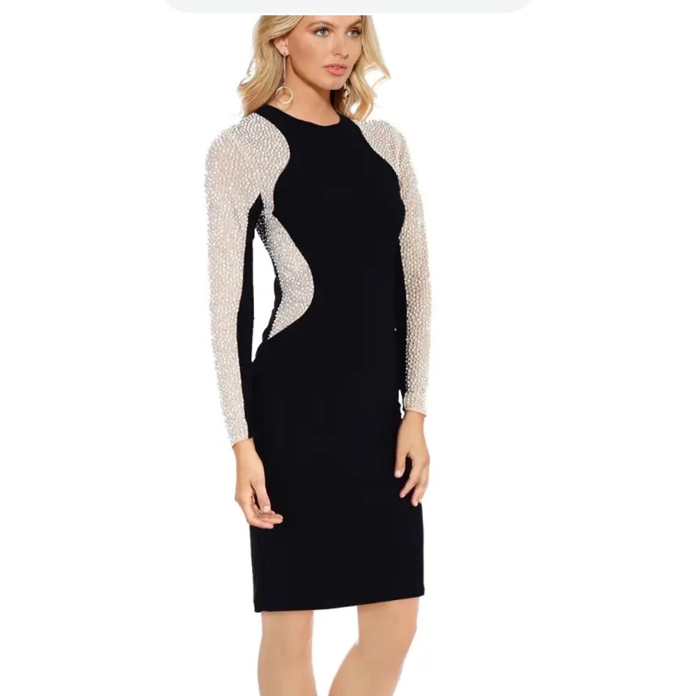 Xscape Black Beaded Illusion Long Sleeve Sheath‎ Dress Size 14 Cocktail Party